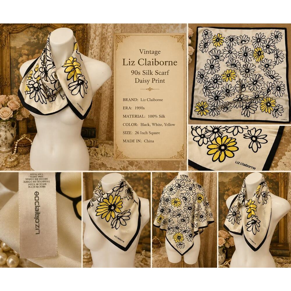Vintage Liz Claiborne 90s Silk Daisy Print Scarf Black White Yellow 26 Inch - Picture 3 of 14